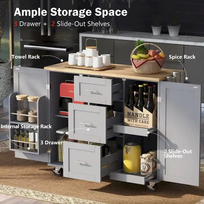 50" Kitchen Island with Rubberwood Top, 3 Drawers & 2 Slide-Out Shelves on Wheels