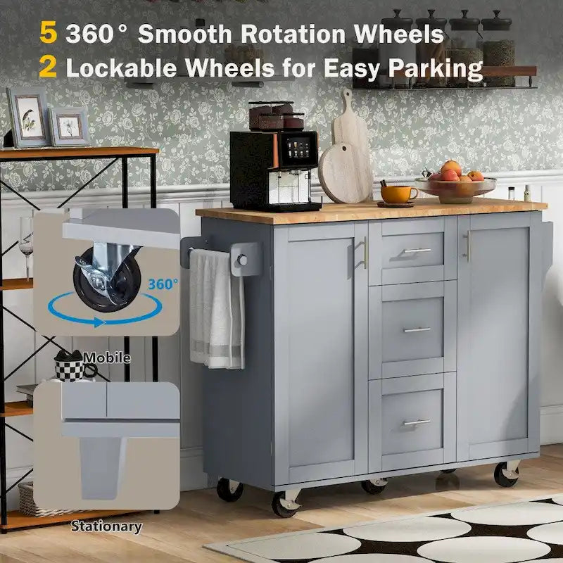 50" Kitchen Island with Rubberwood Top, 3 Drawers & 2 Slide-Out Shelves on Wheels
