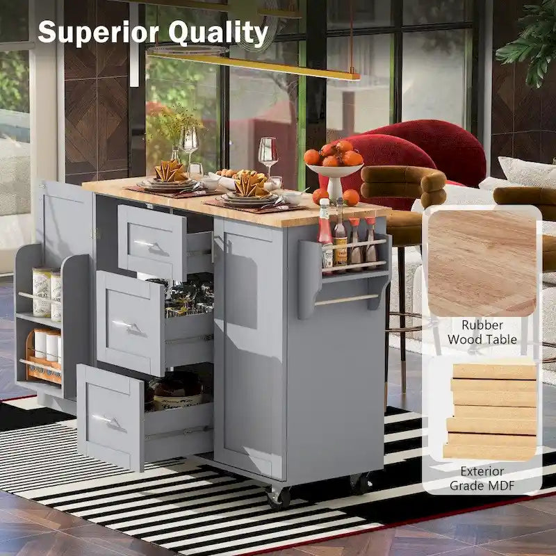50" Kitchen Island with Rubberwood Top, 3 Drawers & 2 Slide-Out Shelves on Wheels