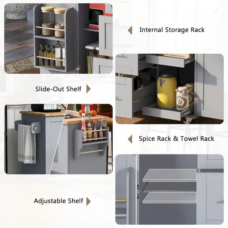 50" Kitchen Island with Rubberwood Top, 3 Drawers & 2 Slide-Out Shelves on Wheels