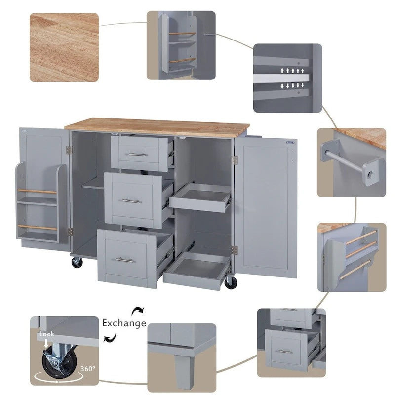 50" Kitchen Island with Rubberwood Top, 3 Drawers & 2 Slide-Out Shelves on Wheels