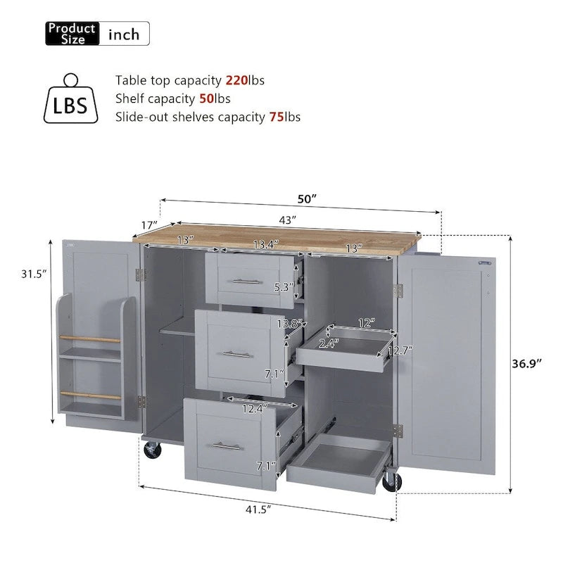 50" Kitchen Island with Rubberwood Top, 3 Drawers & 2 Slide-Out Shelves on Wheels