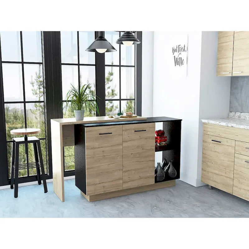 Black and Light Oak Contemporary Kitchen Island with Bar Table - 20 X 40 X 20