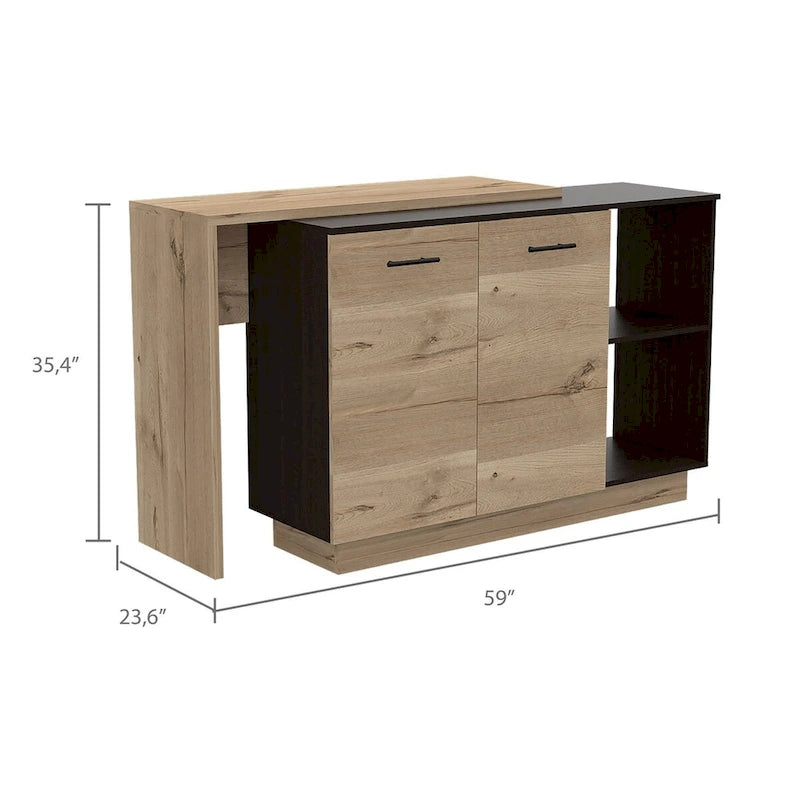 Black and Light Oak Contemporary Kitchen Island with Bar Table - 20 X 40 X 20