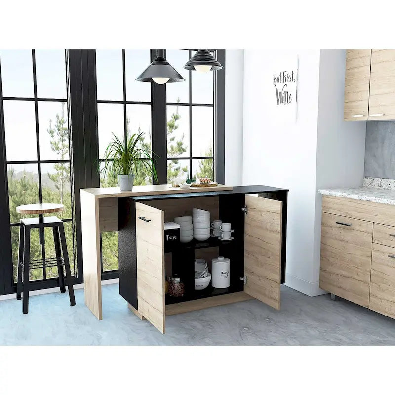 Black and Light Oak Contemporary Kitchen Island with Bar Table - 20 X 40 X 20