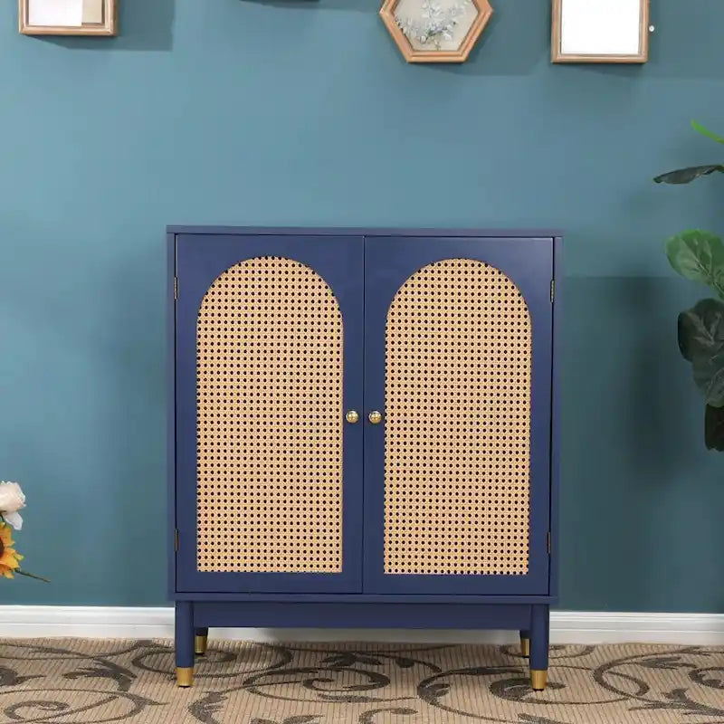 Blue Storage Cabinet with Rattan Doors and Adjustable Shelves