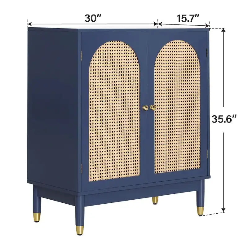 Blue Storage Cabinet with Rattan Doors and Adjustable Shelves