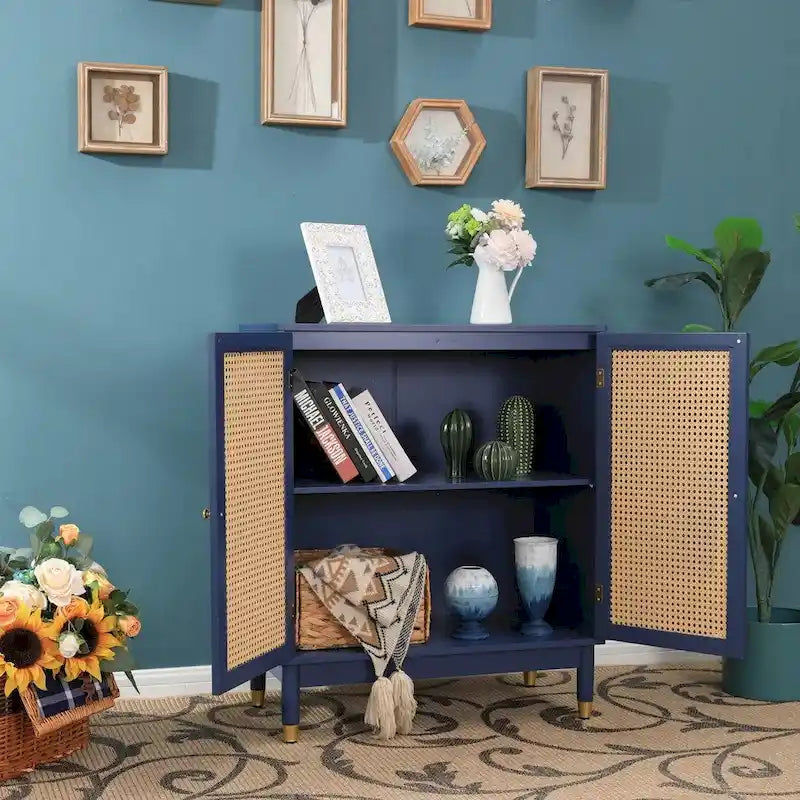 Blue Storage Cabinet with Rattan Doors and Adjustable Shelves