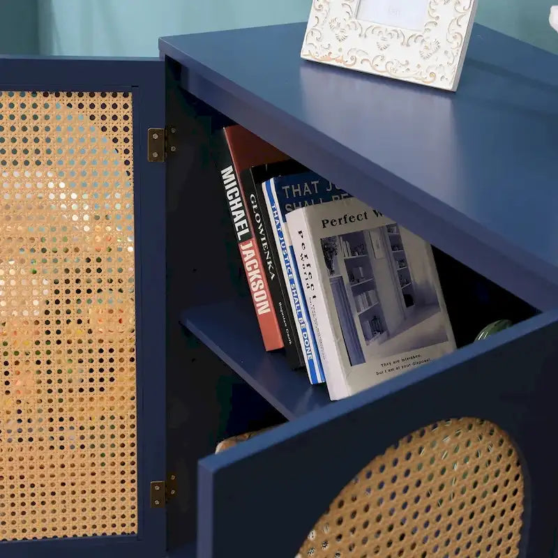 Blue Storage Cabinet with Rattan Doors and Adjustable Shelves