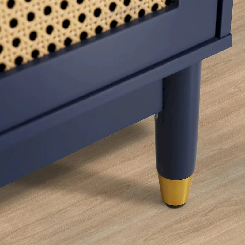 Blue Storage Cabinet with Rattan Doors and Adjustable Shelves