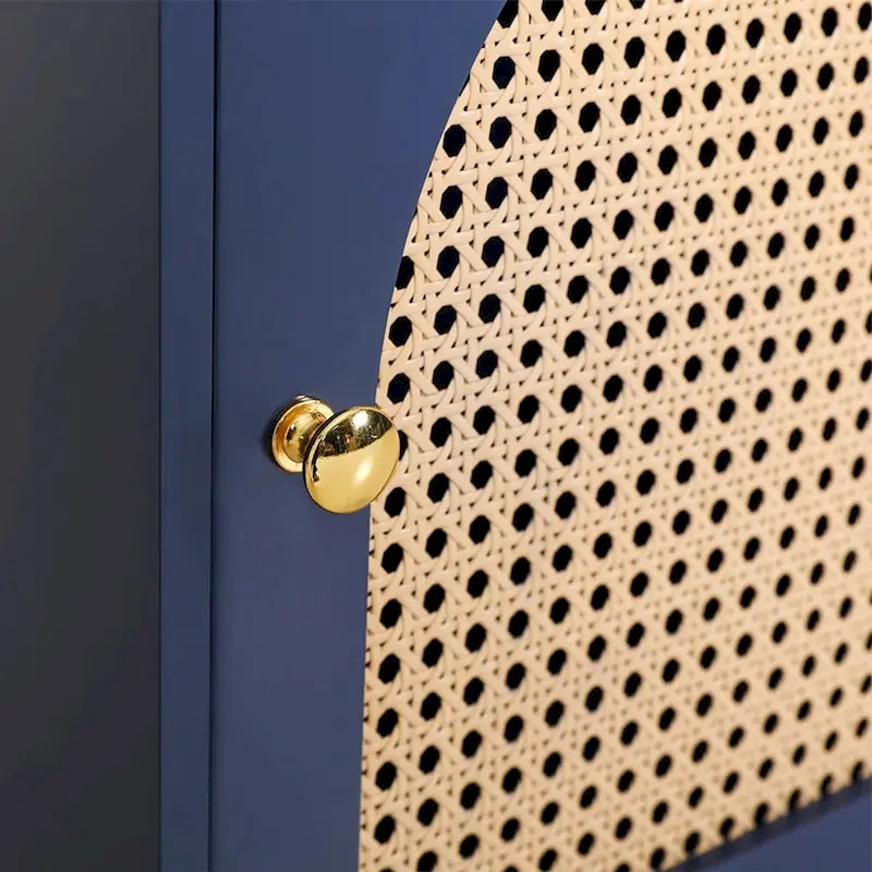 Blue Storage Cabinet with Rattan Doors and Adjustable Shelves