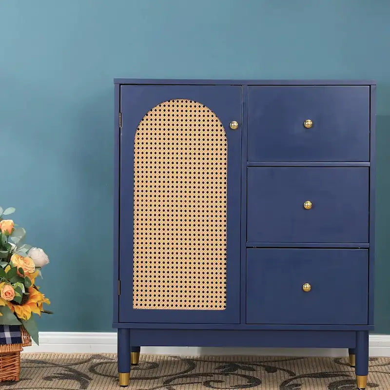Blue Storage Cabinet with Rattan Doors and Adjustable Shelves