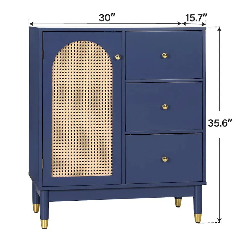 Blue Storage Cabinet with Rattan Doors and Adjustable Shelves