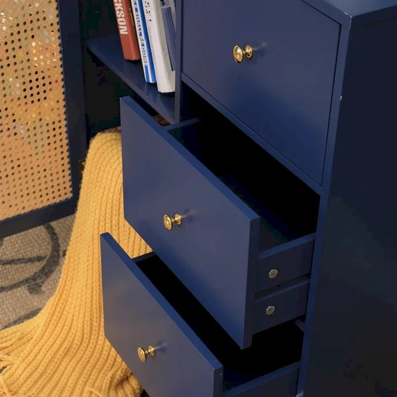 Blue Storage Cabinet with Rattan Doors and Adjustable Shelves