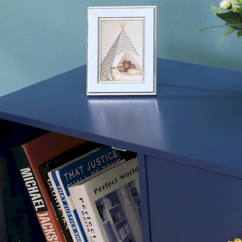 Blue Storage Cabinet with Rattan Doors and Adjustable Shelves