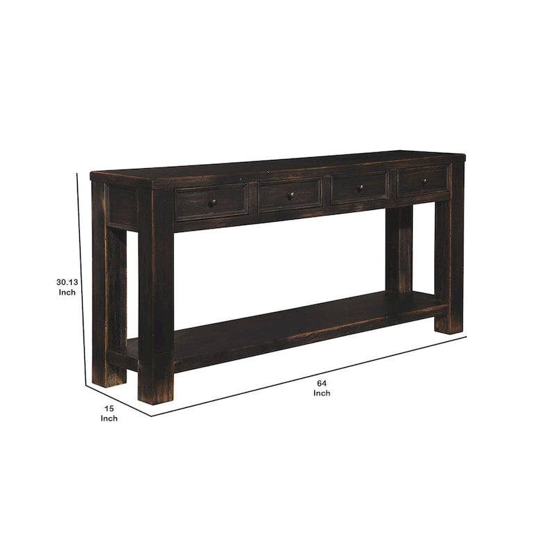 Table basse en bois avec quatre tiroirs et une étagère, noir vieilli