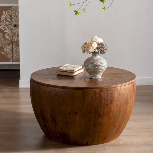 31.50Vintage Style Bucket Shaped Coffee Table with storage function, for Office, Dining Room and Living Room, Brown