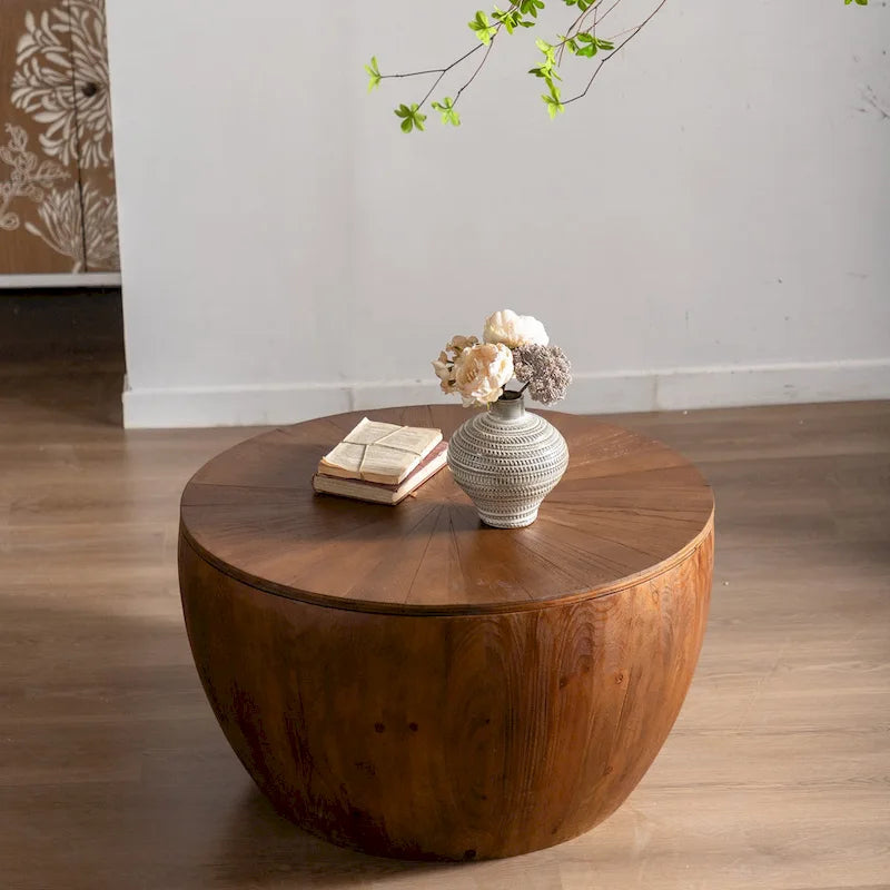 31.50Vintage Style Bucket Shaped Coffee Table with storage function, for Office, Dining Room and Living Room, Brown