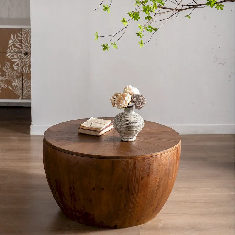 31.50Vintage Style Bucket Shaped Coffee Table with storage function, for Office, Dining Room and Living Room, Brown