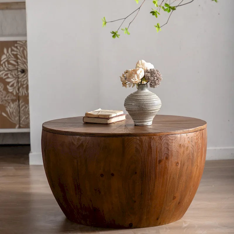 31.50Vintage Style Bucket Shaped Coffee Table with storage function, for Office, Dining Room and Living Room, Brown