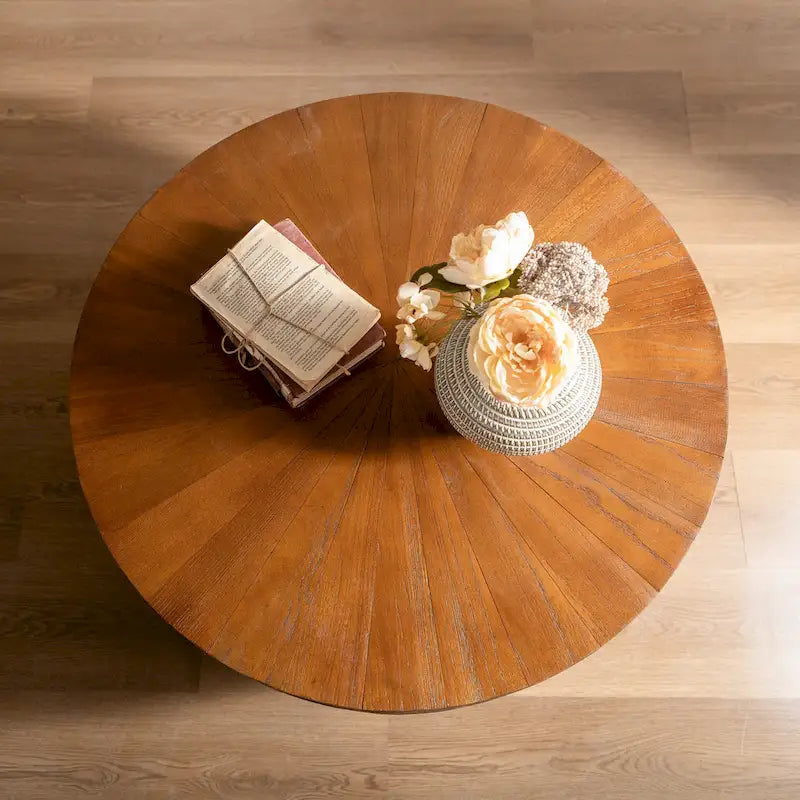 31.50Vintage Style Bucket Shaped Coffee Table with storage function, for Office, Dining Room and Living Room, Brown