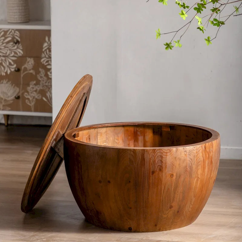 31.50Vintage Style Bucket Shaped Coffee Table with storage function, for Office, Dining Room and Living Room, Brown