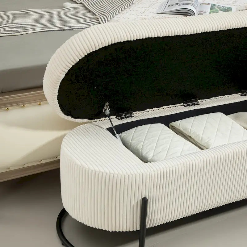 Pouf de rangement en tissu capitonné avec charnière de sécurité