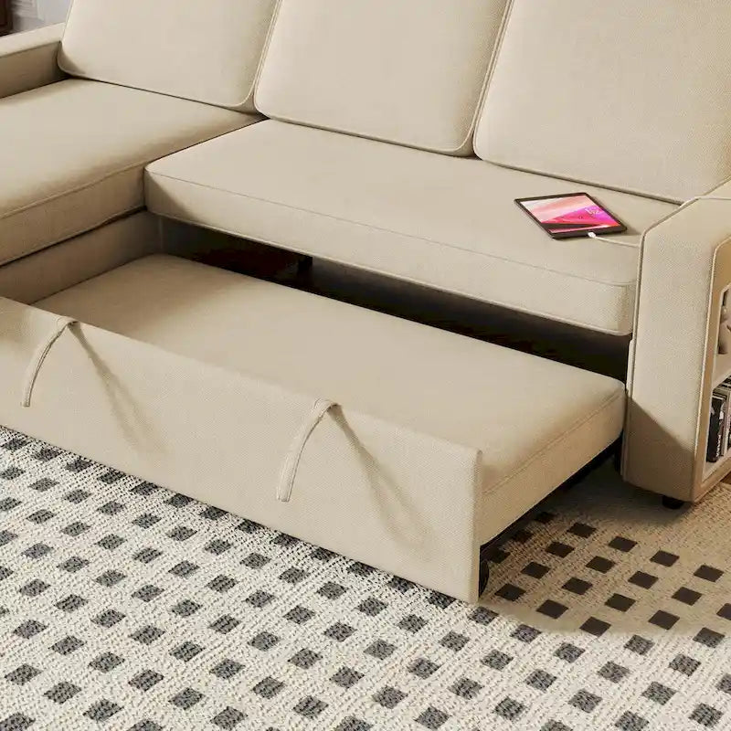 Convertible Sleeper Sofa Bed with Storage Chaise and USB Port, L-Shaped Couch,Beige