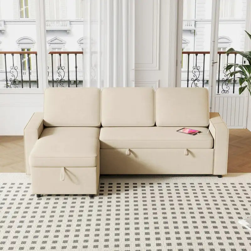 Convertible Sleeper Sofa Bed with Storage Chaise and USB Port, L-Shaped Couch,Beige