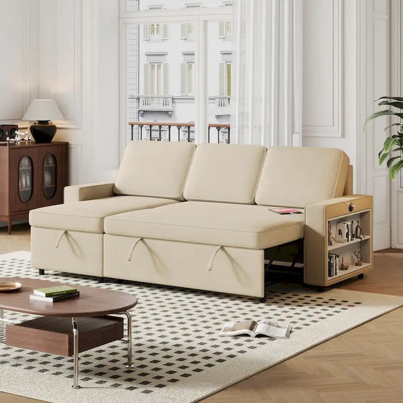 Convertible Sleeper Sofa Bed with Storage Chaise and USB Port, L-Shaped Couch,Beige