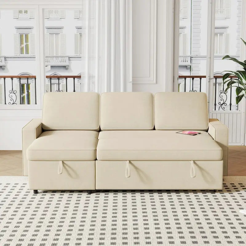 Convertible Sleeper Sofa Bed with Storage Chaise and USB Port, L-Shaped Couch,Beige